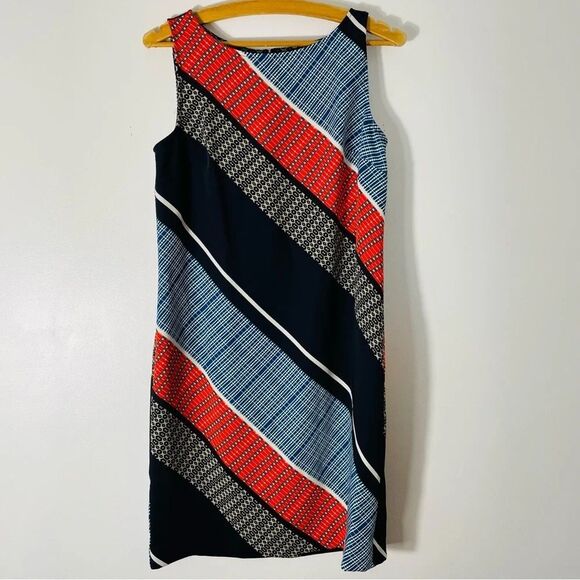 Ann Taylor Sleeveless Geometric Design Dress in Blues & Orange Size 4 EUC - Picture 1 of 6